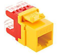 Yellow HD Cat 6 modular keystone jack with red strain relief boot and locking tab for network cabling