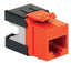 Orange Cat 6A HD modular keystone jack with black clips for network cabling installation