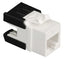 ICC Cat 6A HD modular keystone jack in white with black strain relief boot, angled view