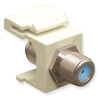 Nickel plated F connector keystone jack in almond color with threaded male connector and cable entry port