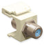 Nickel plated F connector keystone jack in almond color with threaded male connector and cable entry port