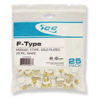 25-pack of gold plated F-type keystone jack connectors in white, ideal for structured cabling installations