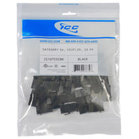 25-pack of black ICC Cat5e in-line keystone modular couplers for network cable extensions in clear plastic packaging