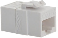 White Cat6A modular keystone coupler with cable entry port for network cabling connections