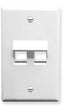 White single gang wall plate with two angled Keystone ports for network cabling connections