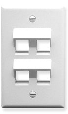White single gang angled port keystone wall plate with four port configuration for network cabling