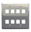 Stainless steel double gang wall plate with 8 port openings arranged in two rows of four for structured cabling installations
