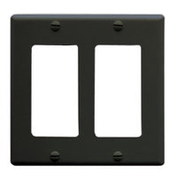 Black double gang Decora faceplate with two rectangular openings for network outlets and wall mounting holes