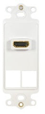 White Decora insert plate with one HDMI port and two blank ports for structured cabling installations