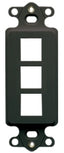 Black 3-port Decora insert plate for network cabling with three rectangular openings and mounting holes