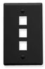 Black single gang keystone wall plate with three port openings for network cabling installation