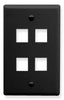 Black single gang keystone wall plate with four port openings for network cabling installation