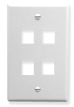 White ICC single gang keystone wall plate with four port openings for network cabling installations