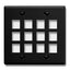 Black double gang keystone wall plate with 12 port openings arranged in 3 rows of 4 for network cabling