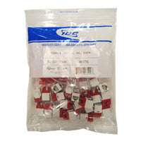 25-pack of ICC HD Cat 6 white modular keystone jacks in sealed packaging with product specifications label