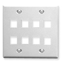 White double gang keystone wall plate with 8 port openings for structured cabling installations