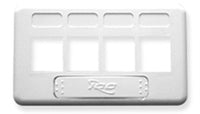 White ICC 4-port Keystone TIA furniture faceplate with labeled port openings for network cabling