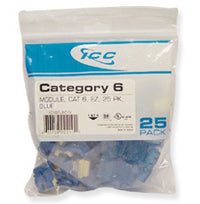 ICC EZ Cat 6 blue modular keystone jacks 25-pack in retail packaging with product specifications