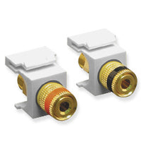 Pair of white audio speaker binding post keystone jacks with gold-plated terminals for structured cabling installations