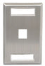 Stainless steel single gang wall plate with 1 keystone port opening and station ID label area for network cabling