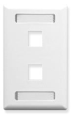 White single gang wall plate with 2 Keystone ports and station ID label area for structured cabling installations