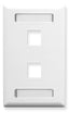 White single gang wall plate with 2 Keystone ports and station ID label area for structured cabling installations