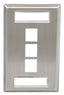 Stainless steel single gang wall plate with three keystone ports and station ID label area for structured cabling