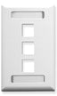 White single gang wall plate with three keystone ports and station ID label area for structured cabling installations