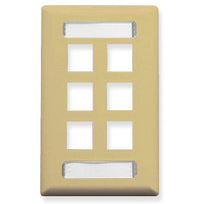 Ivory 6-port single gang keystone wall plate with organized rectangular cutouts for network cabling installation