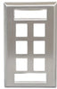 Stainless steel wall plate with 6 keystone ports for network cabling installation and organization