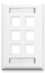 White single gang wall plate with 6 Keystone port openings and station ID label area for structured cabling installations