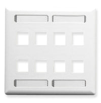 White double gang wall plate with 8 keystone ports for network cabling and structured cabling installations
