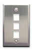 Stainless steel single gang wall plate with three rectangular port openings for network cabling