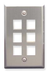 Stainless steel wall plate with 6 port openings arranged in 2 columns for network cabling installation