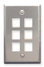 Stainless steel wall plate with 6 port openings arranged in 2 columns for network cabling installation