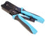 Blue and black RJ45 crimp tool with integrated strip and cut functions for 8P8C modular connectors