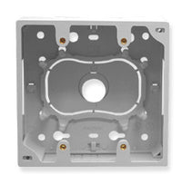 Double gang junction wall plate mounting box with gray finish, showing internal cavity and mounting points for network cabli…