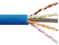 Cat6A network cable with blue jacket showing twisted copper pairs and color-coded conductors