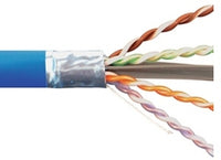 Cat6A shielded network cable with blue jacket showing twisted pair conductors and drain wire exposed
