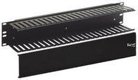 Black horizontal 24-slot finger duct cable management rack system with removable cable tray for server rack installations