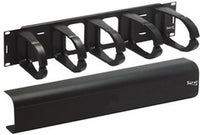 ICC Interbay cable management system with black metal frame and horizontal cable routing channels for 2 RU rack space