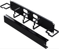 Black metal 5-ring cable management panel with 2 RU mounting bracket and horizontal cable organizer for server racks