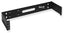 Black hinged wall mount bracket for 2 RU rack equipment with mounting slots and cable management support