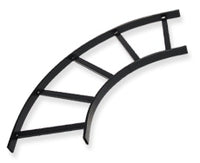 Black curved 90-degree runway ladder rack with flat turn design for structured cabling and cable management