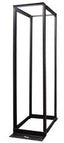 Black 4 post network equipment rack, 7 feet tall, with open frame design for server and networking hardware installation