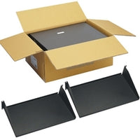 ICC deep rack shelf 2-pack showing cardboard packaging and two black metal mounting shelves for 10-inch server racks