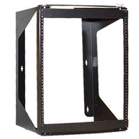 Black 12RMS swing frame wall mount bracket rack with open frame design showing vertical mounting rails and cable management …