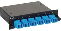 ICC 12 Fiber Duplex LC Fiber Optic MPO Cassette in single-mode configuration with blue LC connectors mounted on black rack h…