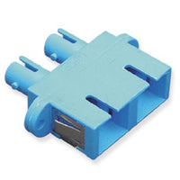 Blue SC-ST fiber optic adapter with simplex multimode connectors and mounting hardware