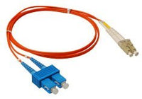 LC-SC duplex 50-micron multimode fiber patch cable with orange jacket and blue SC connector, 10 meter length